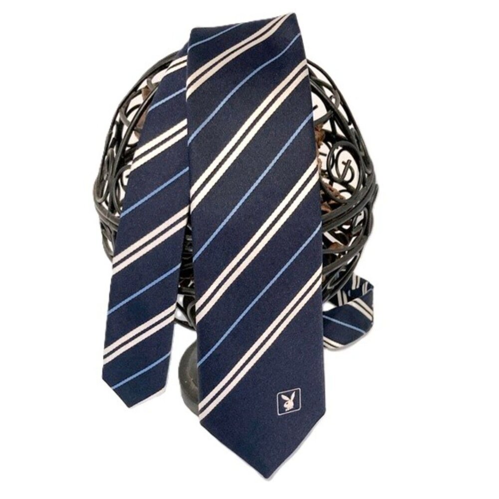 Vintage PLAYBOY Tie Italy Blue Light Blue White Stripes Mens Necktie 54 x 3 in